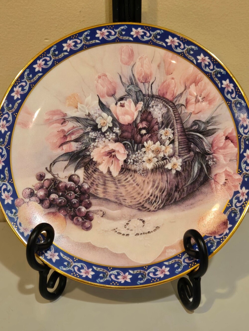 George Parrot Tulips Collector Plate - Pink & Blue with Gold Trim